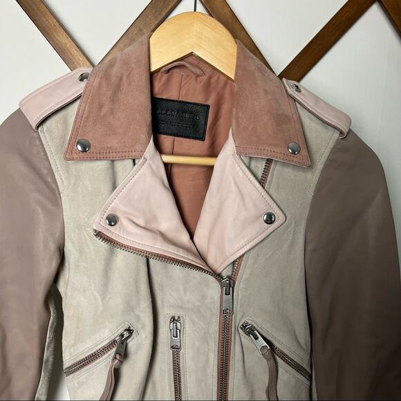 Allsaints Balfern Goat Mix Leather Pink and Tan Cropped Biker Jacket Size 0 - Picture 4 of 8